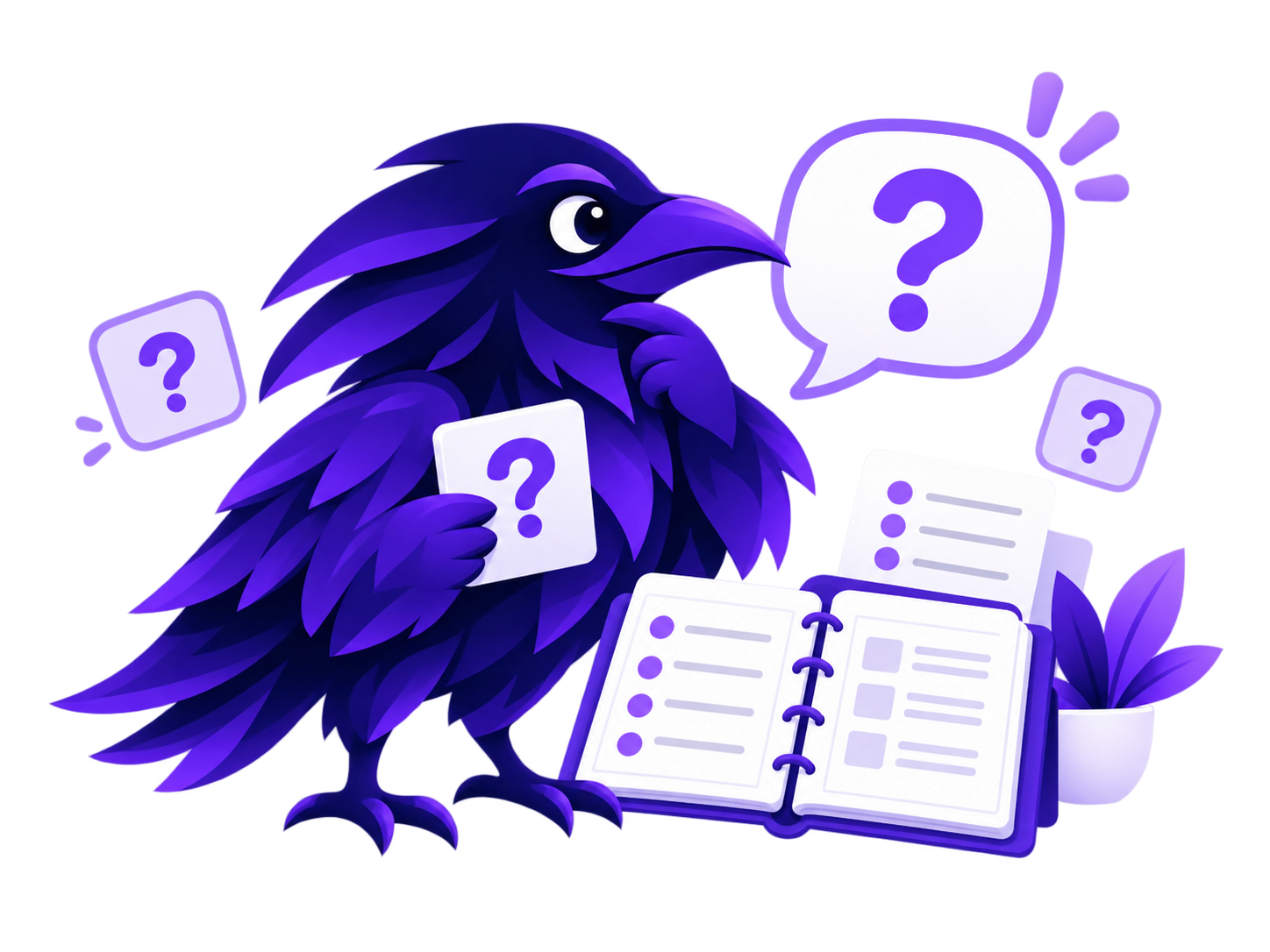 GeneratorRaven raven mascot holding a question card beside an open notebook, with question marks around it