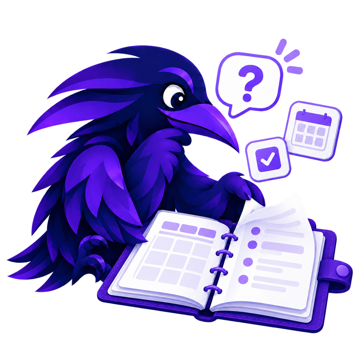 GeneratorRaven raven mascot looking at an open printable planner with a question mark, checklist, and calendar icons