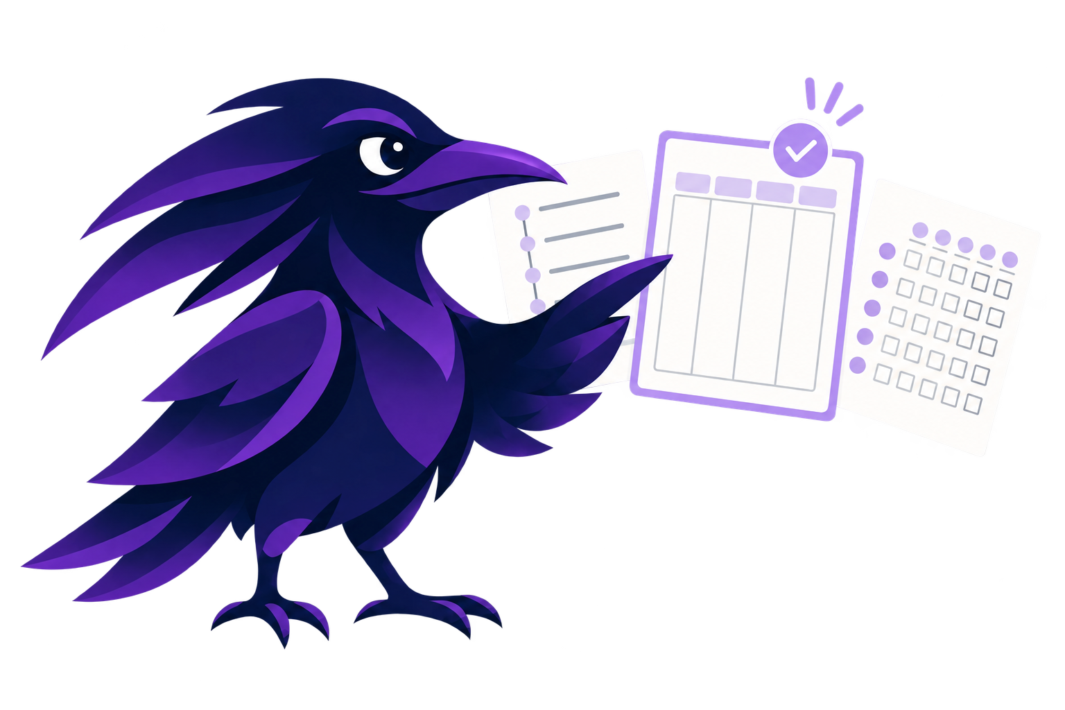 GeneratorRaven raven mascot pointing to printable planner, checklist, and tracker sheets, with one sheet marked as the right choice