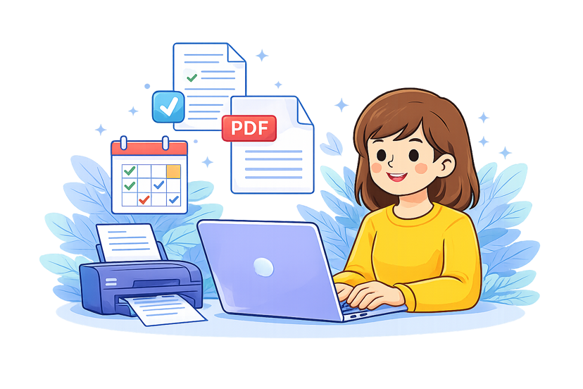 Productivity illustration - person with laptop, planner and PDF export