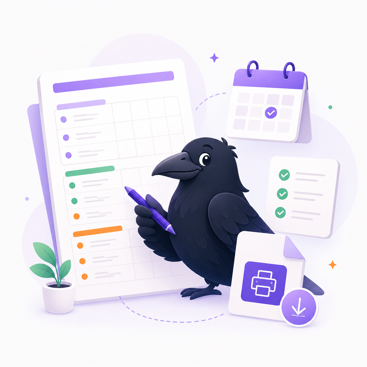 GeneratorRaven raven mascot with planners, checklists, a calendar, and print or PDF icons