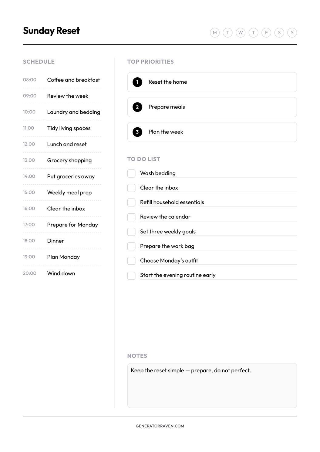 Sunday Reset Planner printable with a schedule, priorities, tasks, and notes