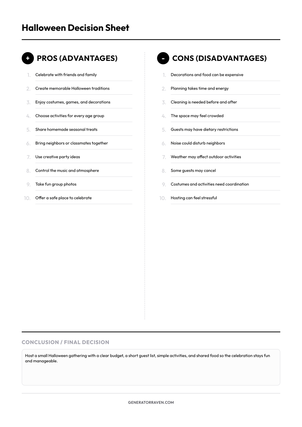 Halloween Decision Sheet printable pros and cons decision worksheet