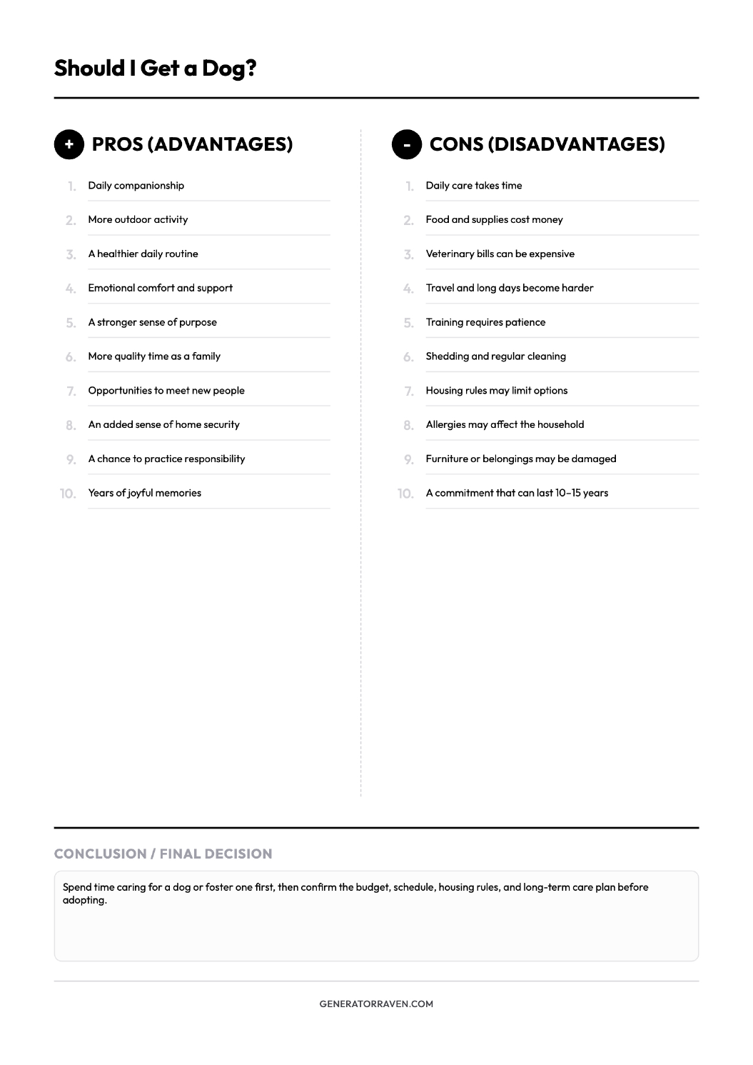 Should I Get a Dog? printable pros and cons decision worksheet