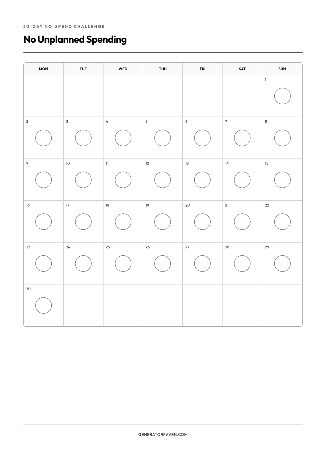 30-Day No-Spend Challenge printable no-spend tracker