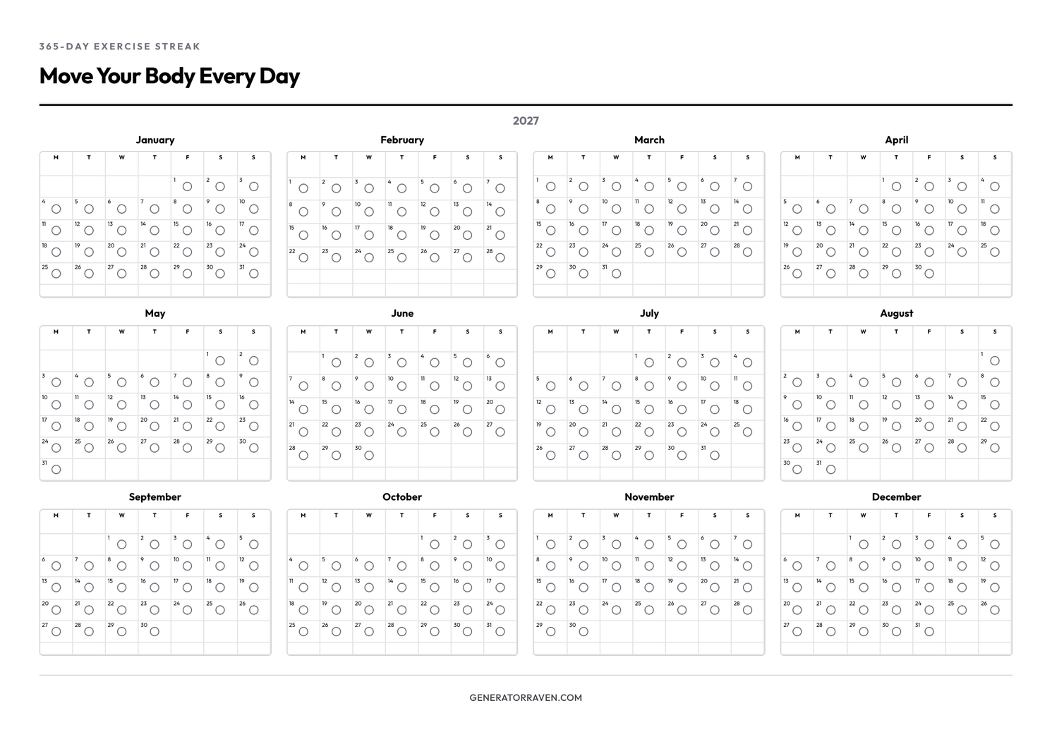 365-Day Exercise Streak printable yearly exercise tracker
