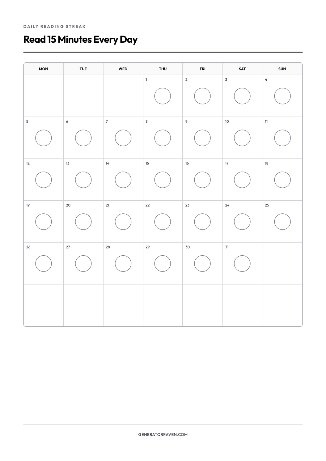 Daily Reading Streak printable reading habit tracker