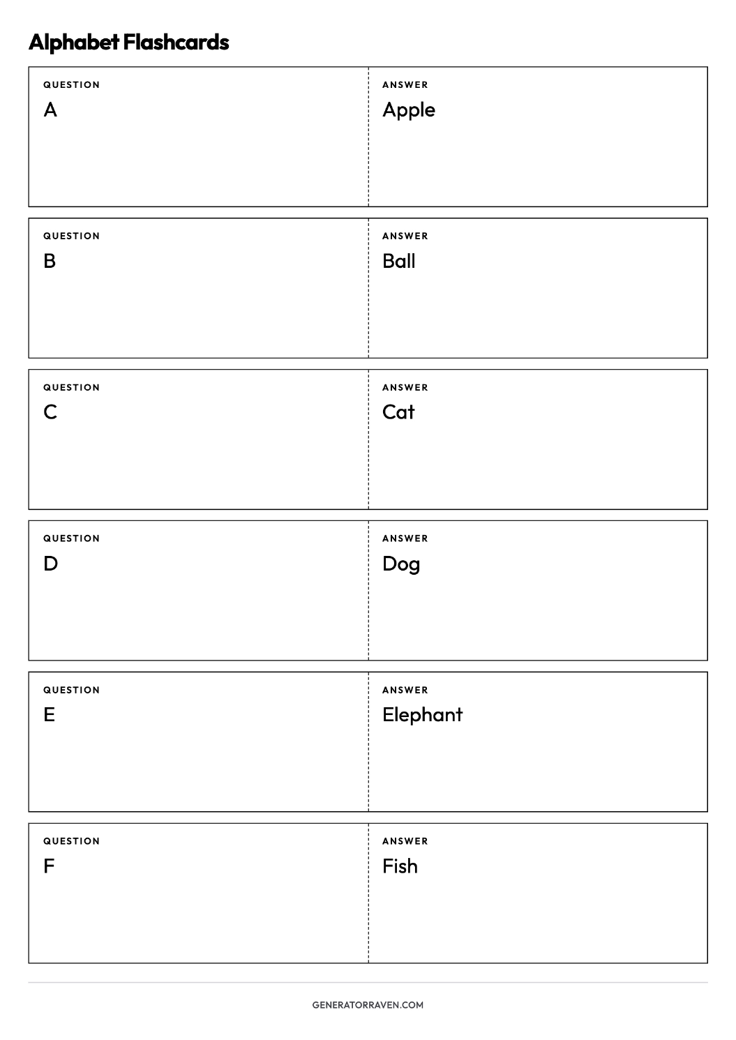 Alphabet Flashcards printable A4 sheet with six foldable question-and-answer cards