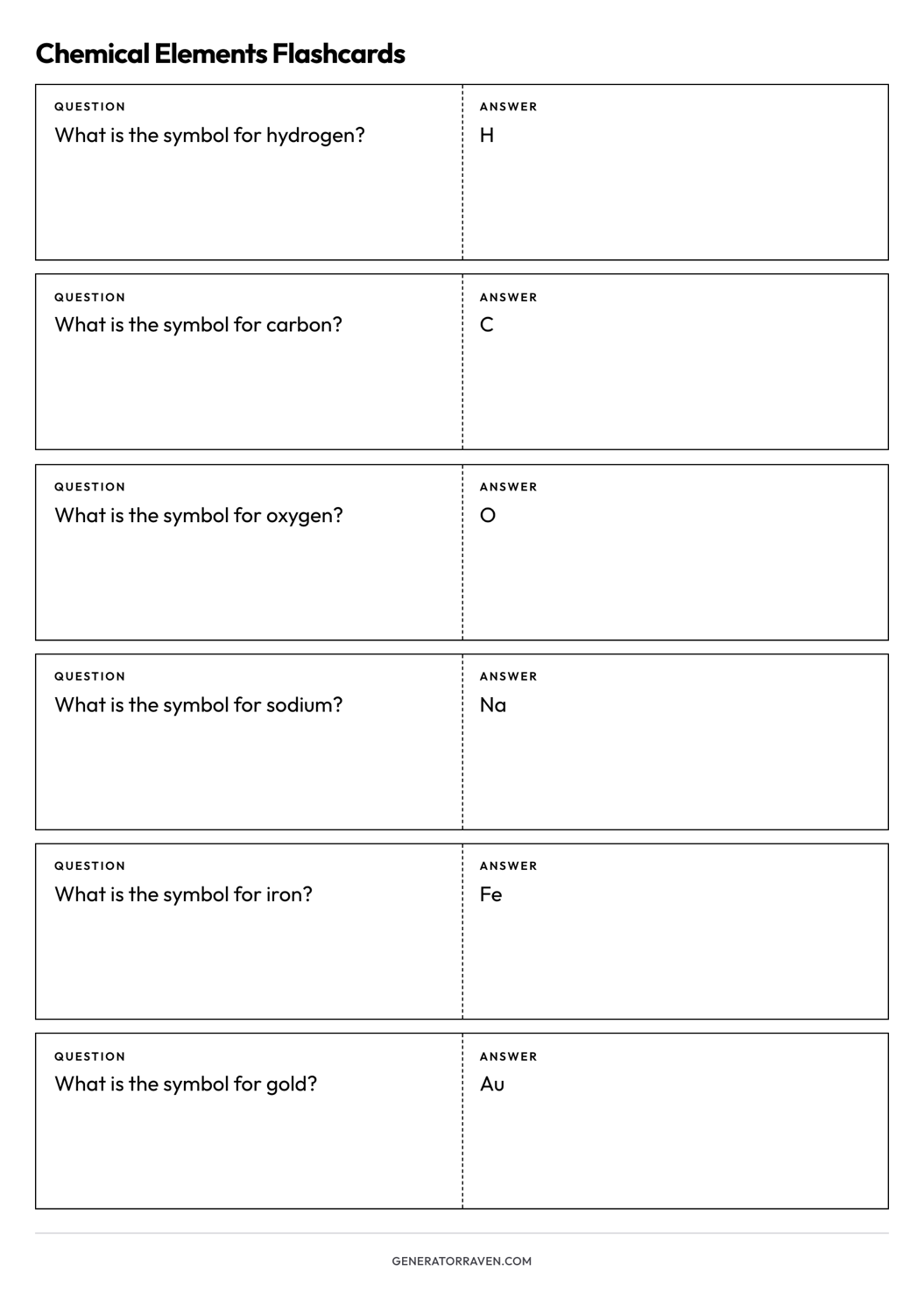 Chemical Elements Flashcards printable A4 sheet with six foldable question-and-answer cards