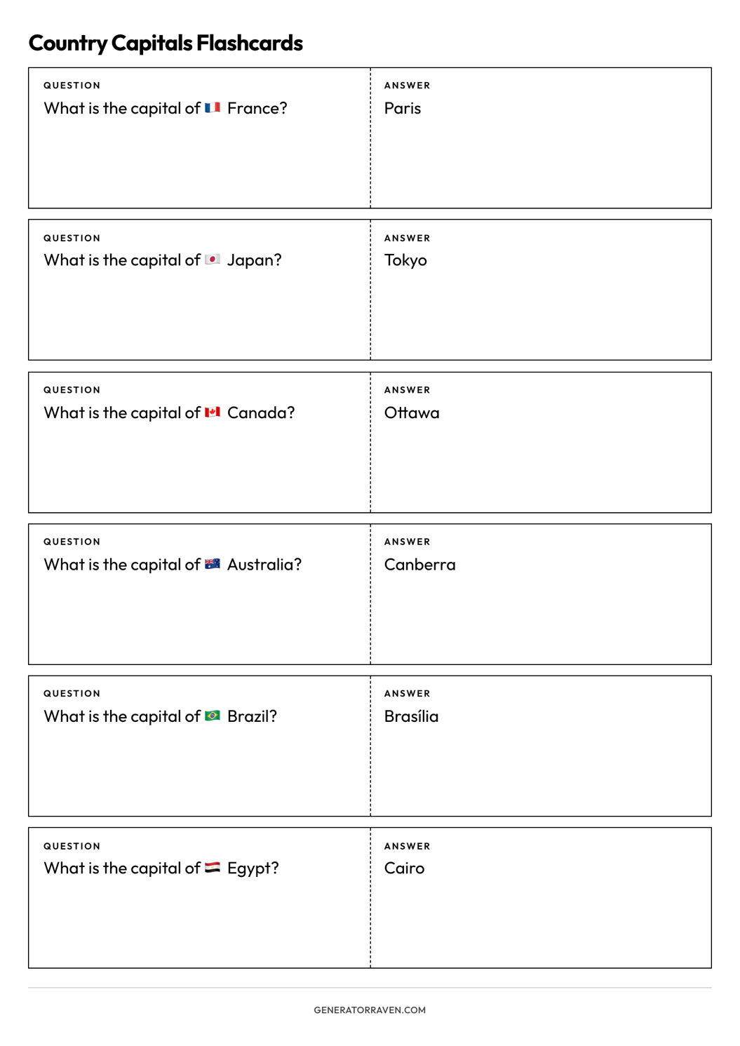 Country Capitals Flashcards printable A4 sheet with six foldable question-and-answer cards