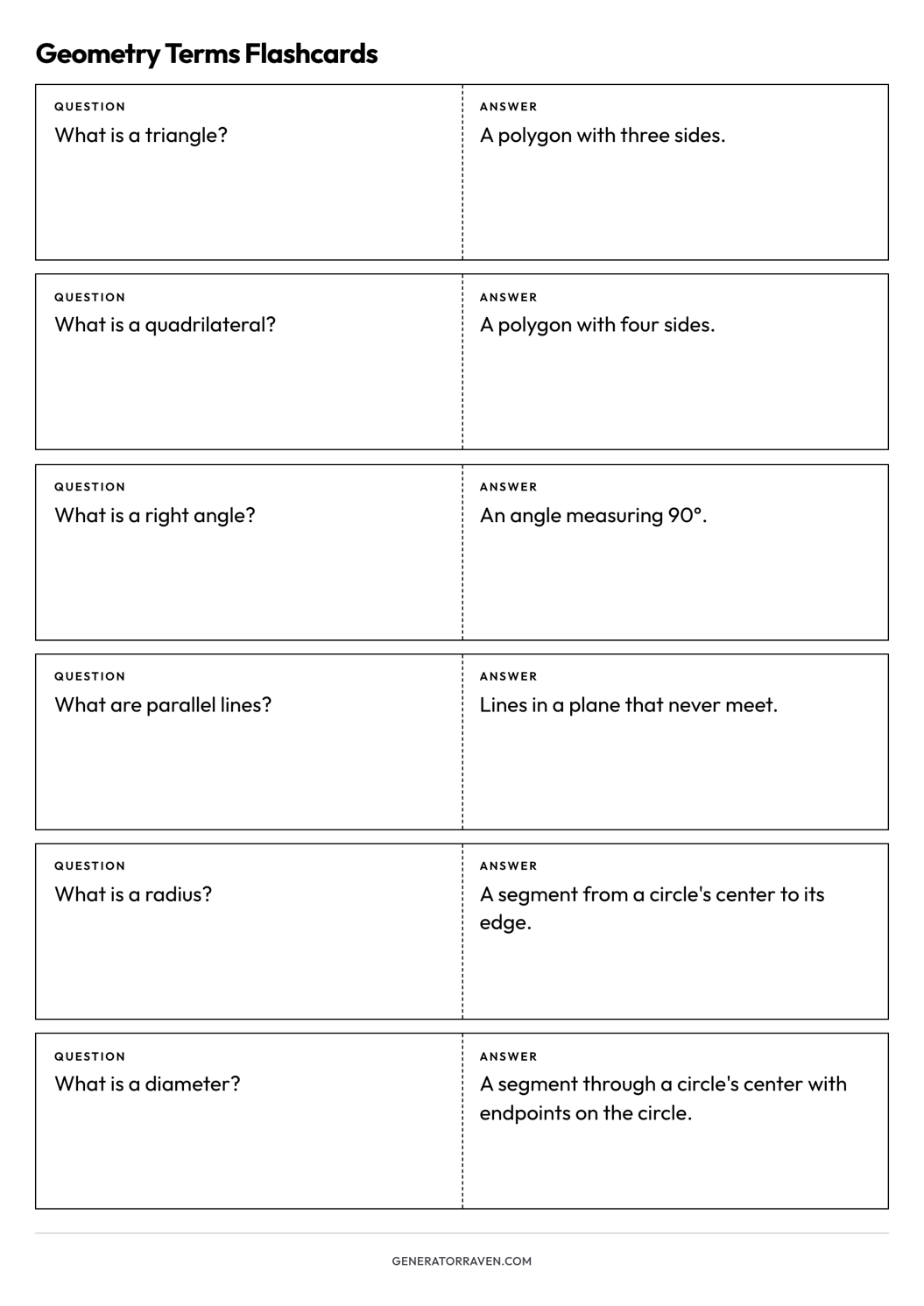Geometry Terms Flashcards printable A4 sheet with six foldable question-and-answer cards