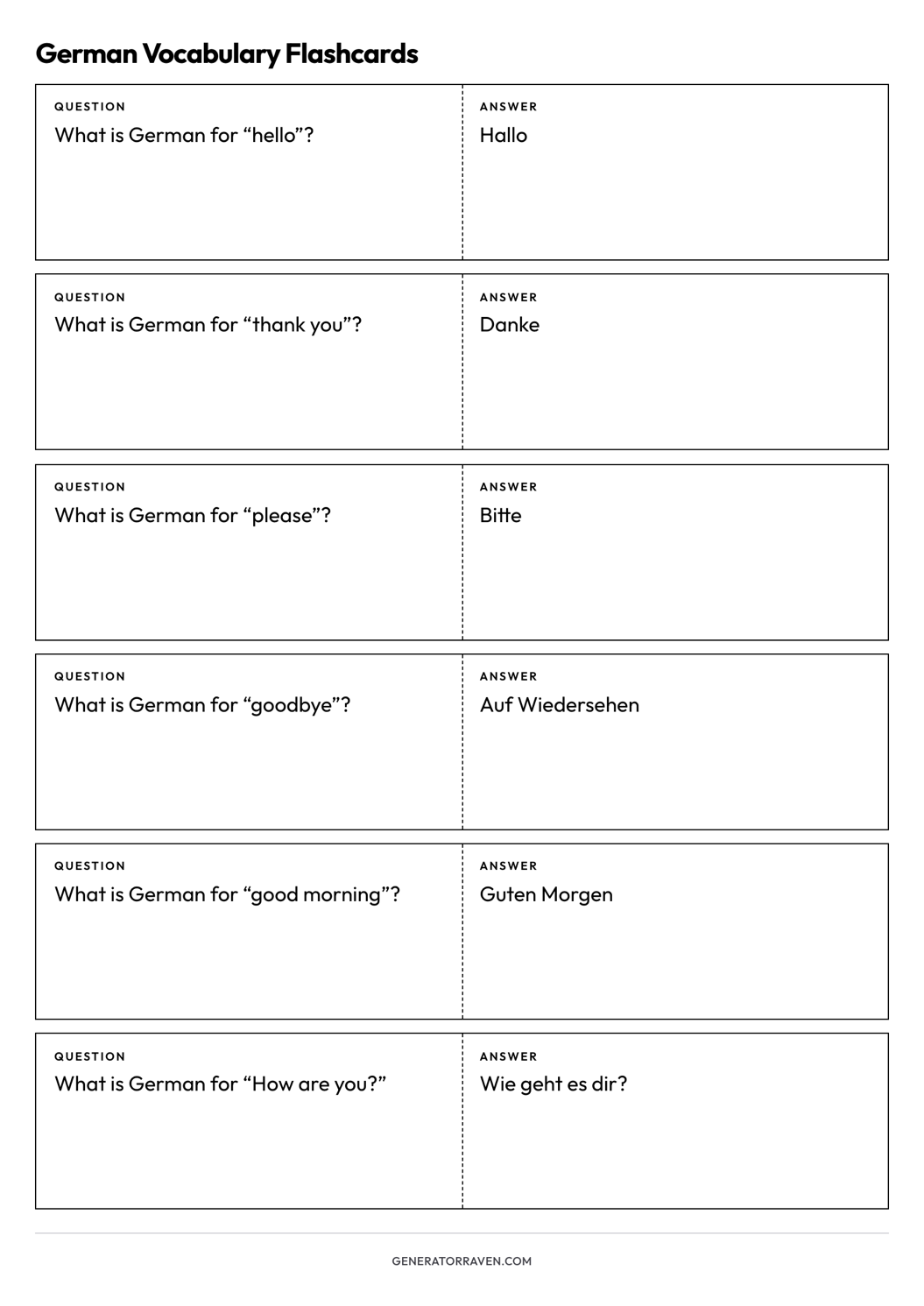 German Vocabulary Flashcards printable A4 sheet with six foldable question-and-answer cards