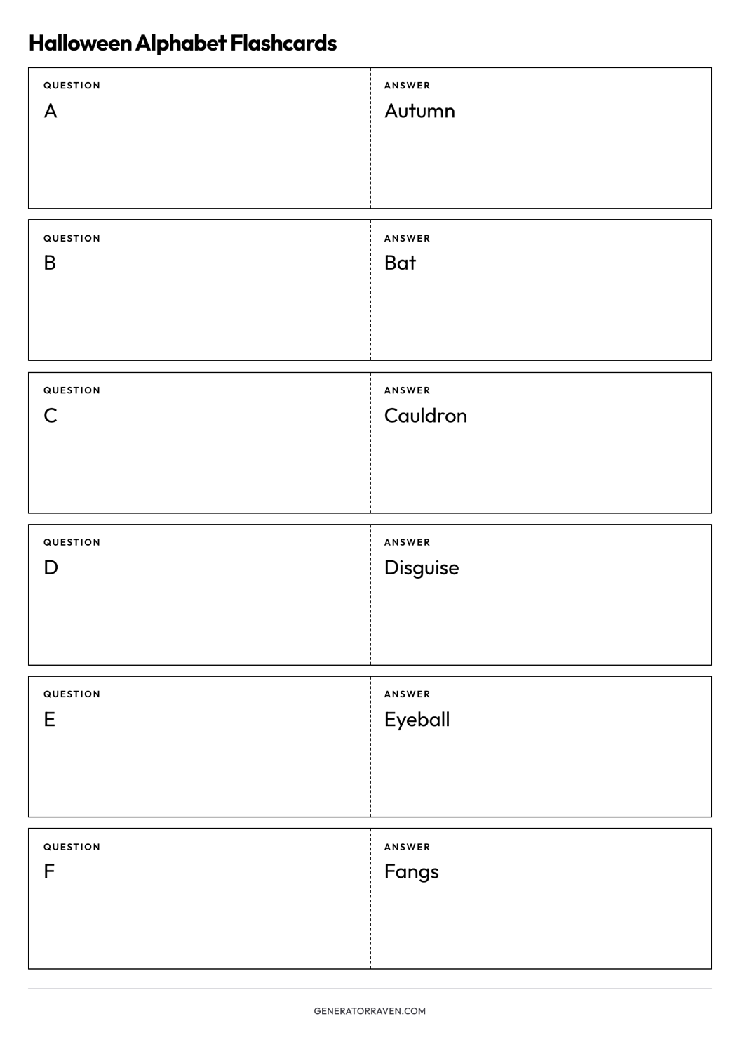 Halloween Alphabet Flashcards printable A4 sheet with six foldable question-and-answer cards