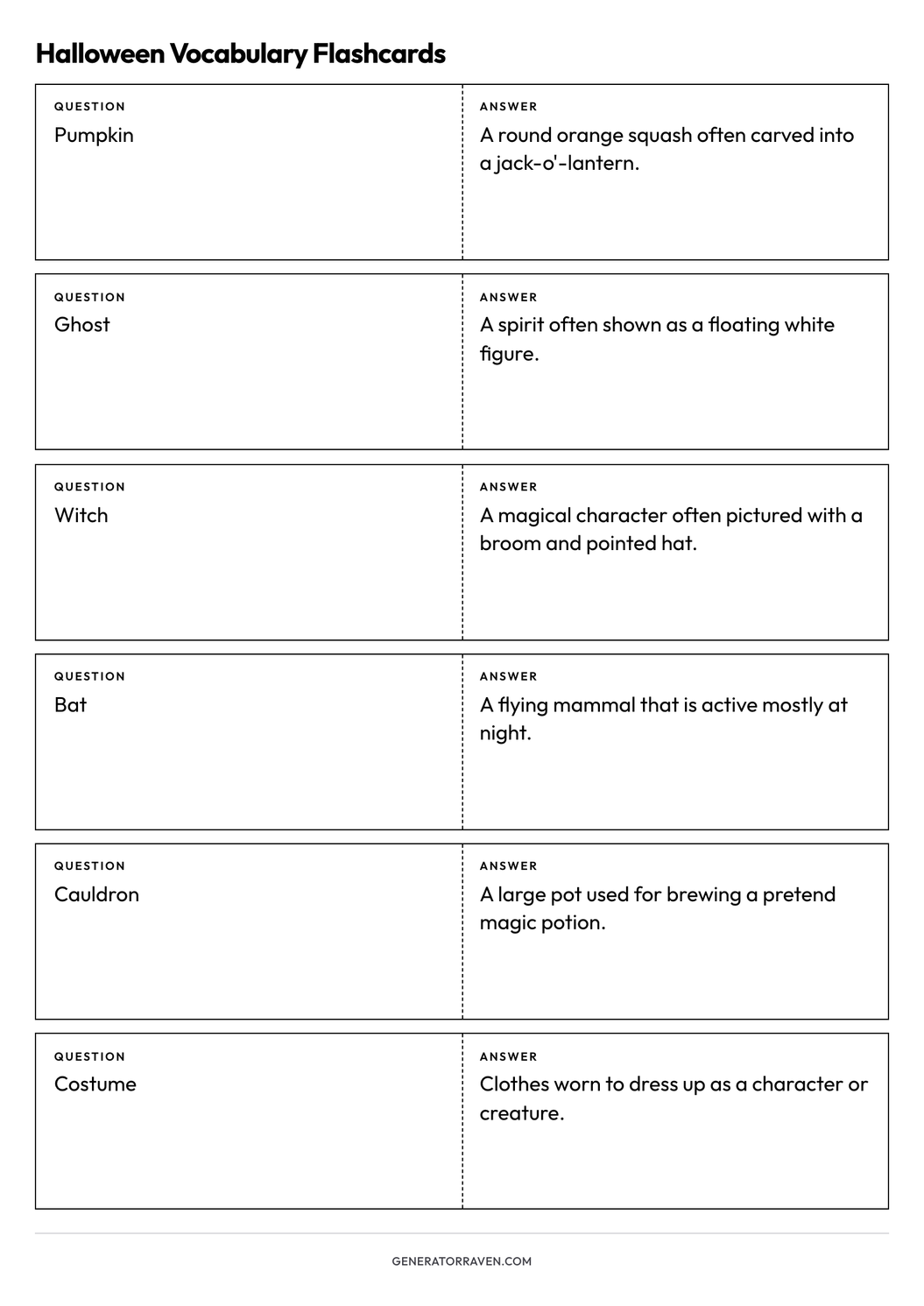 Halloween Vocabulary Flashcards printable A4 sheet with six foldable question-and-answer cards