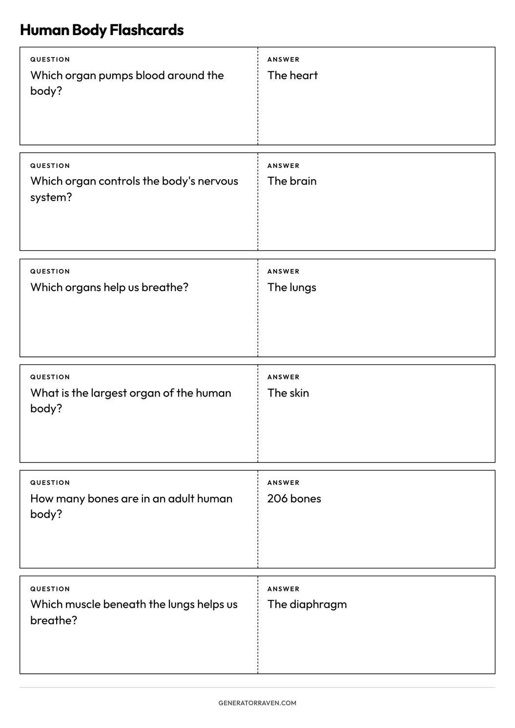 Human Body Flashcards printable A4 sheet with six foldable question-and-answer cards
