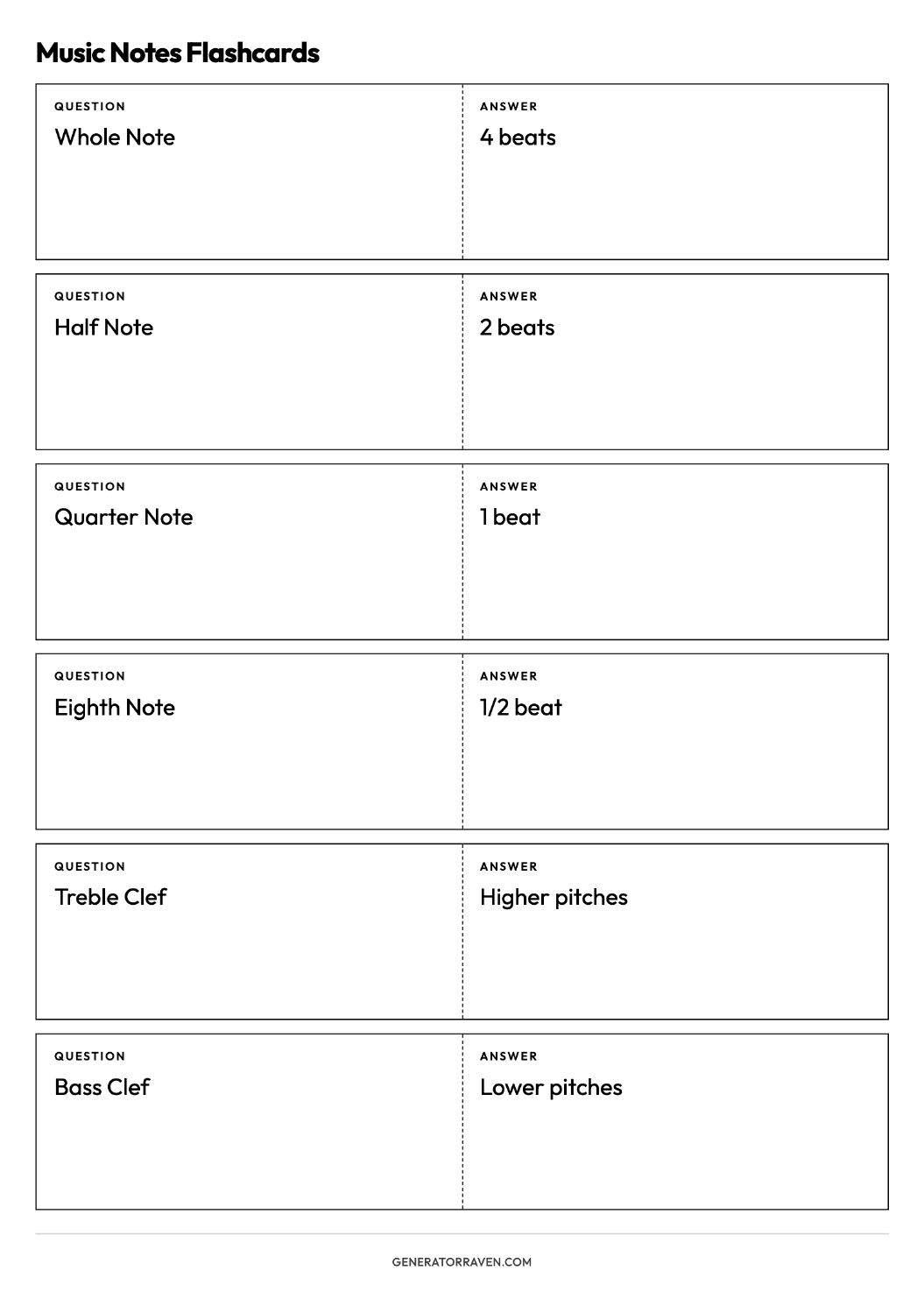 Music Notes Flashcards printable A4 sheet with six foldable question-and-answer cards