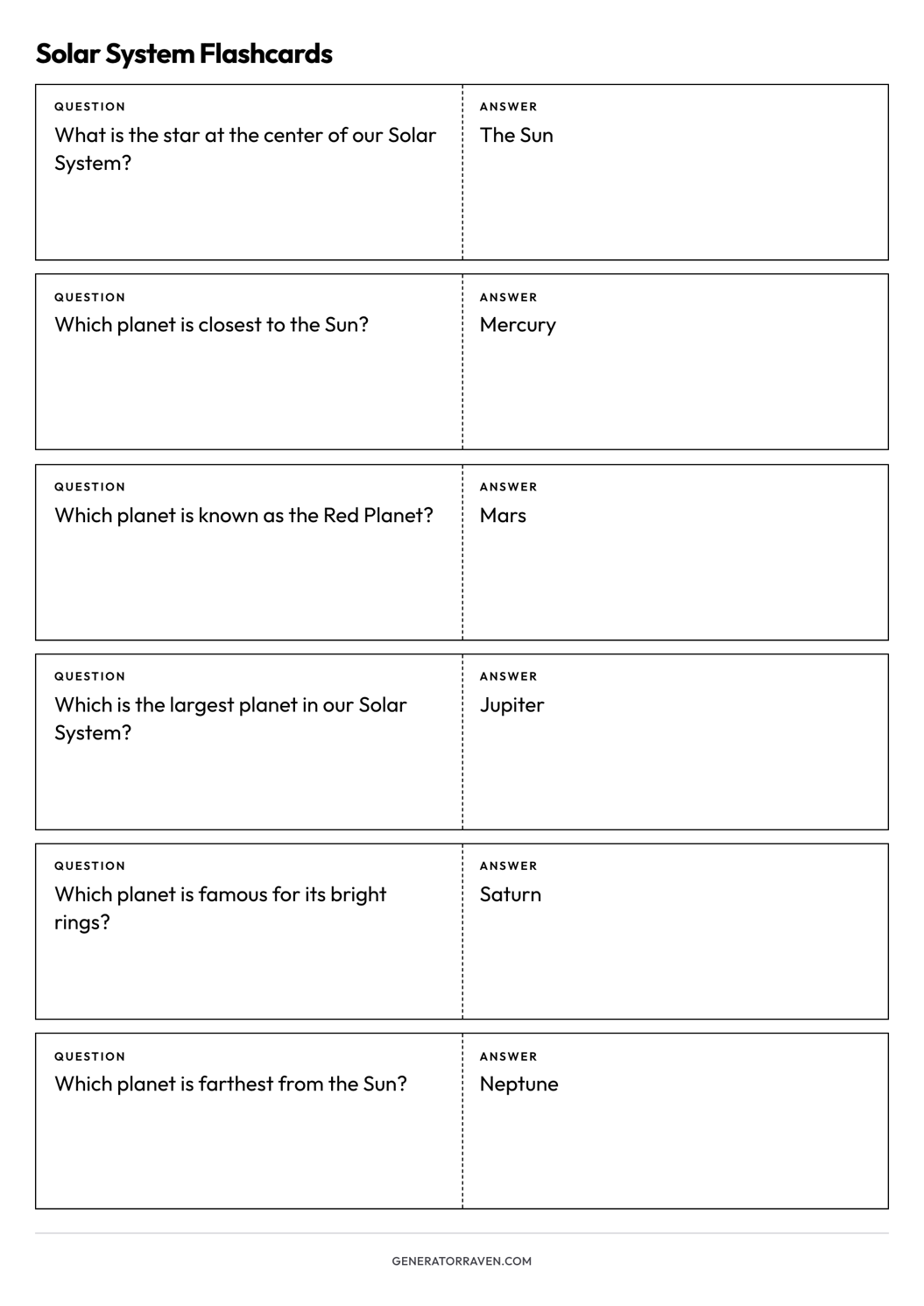Solar System Flashcards printable A4 sheet with six foldable question-and-answer cards
