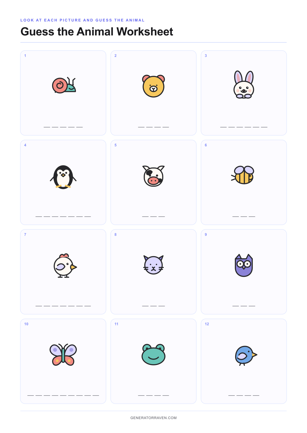 Guess the Animal Worksheet with twelve original animal illustrations and blank letter spaces