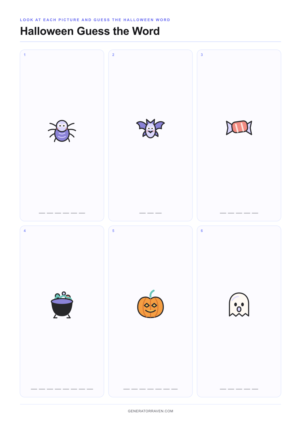 Halloween Guess the Word Worksheet printable picture vocabulary worksheet with original illustrations and blank letter spaces