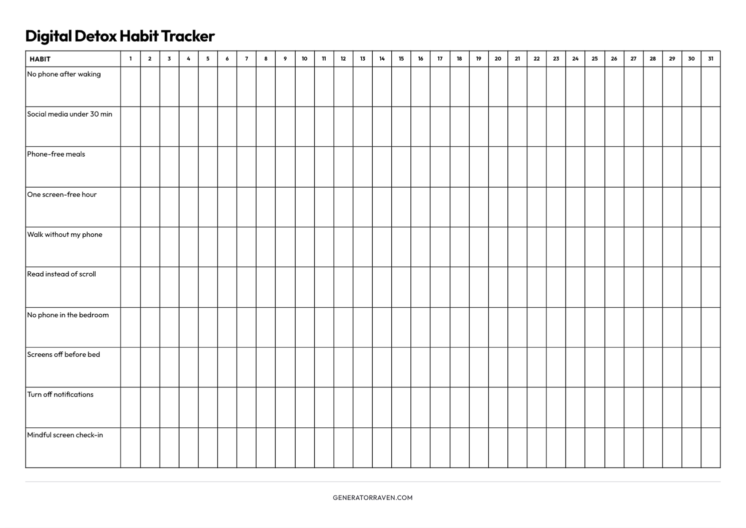 Digital Detox Habit Tracker printable with ten digital wellness habits and a monthly check-off grid