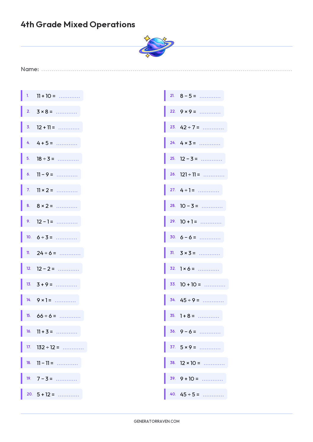 4th Grade Mixed Operations with 40 printable math problems