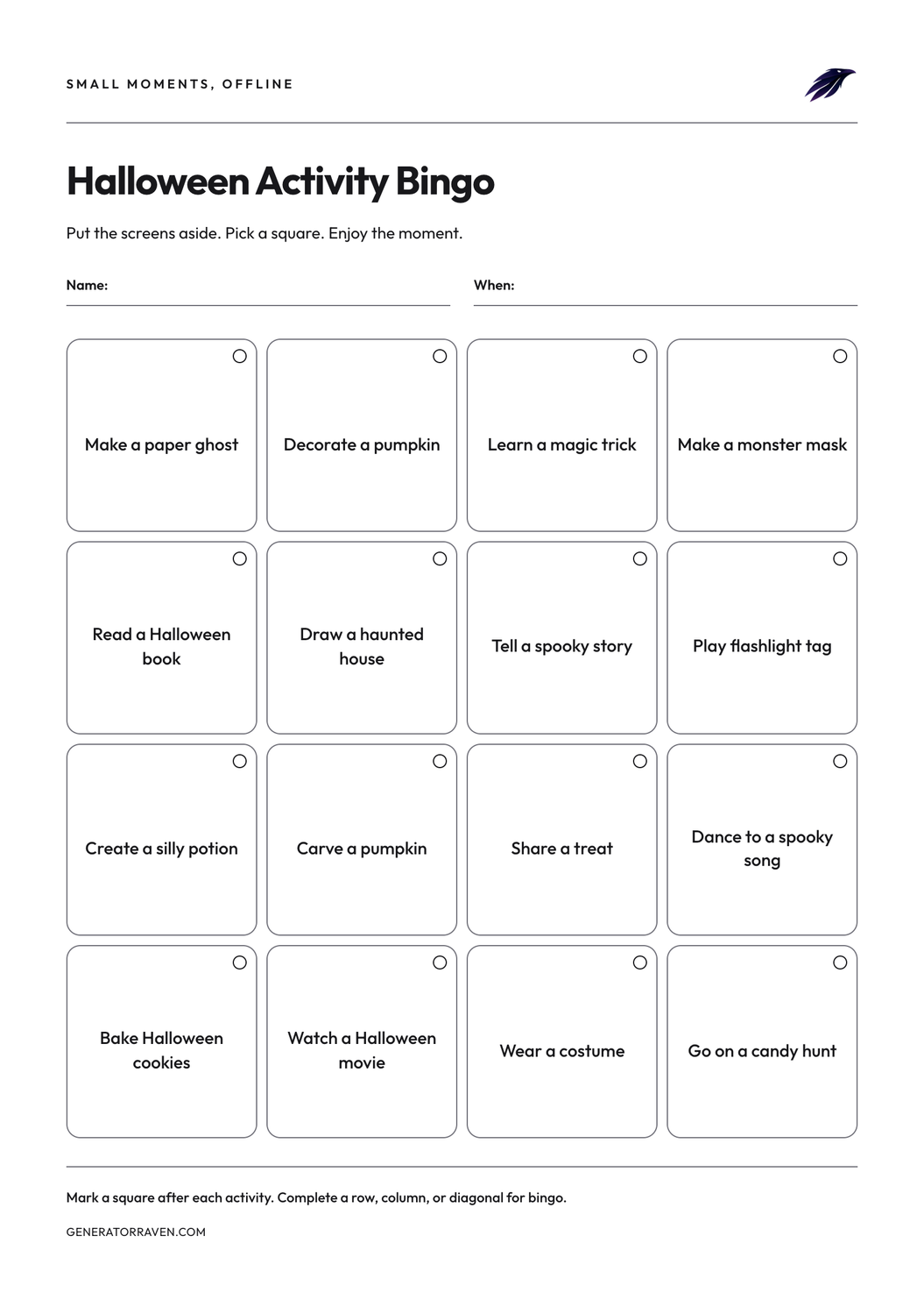 Halloween Activity Bingo printable 4 by 4 activity card with 16 Halloween activities