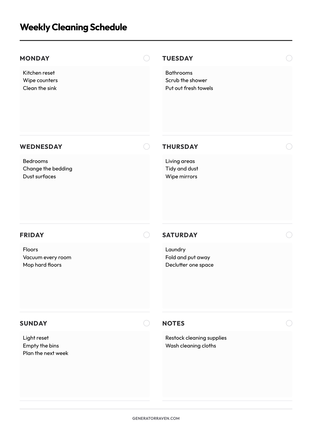 Weekly Cleaning Schedule printable with a seven-day plan and notes area