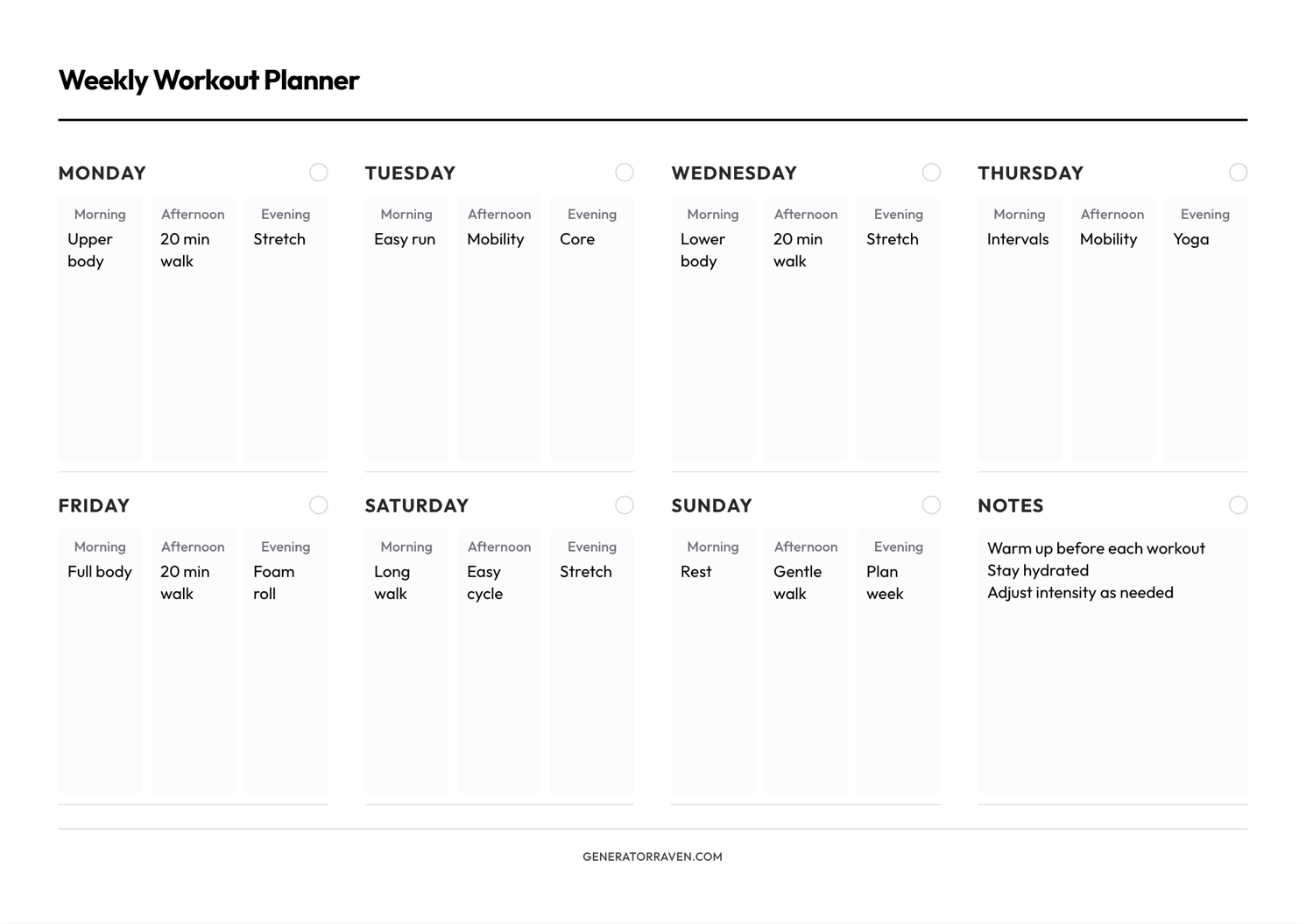 Weekly Workout Planner printable with a seven-day plan and notes area