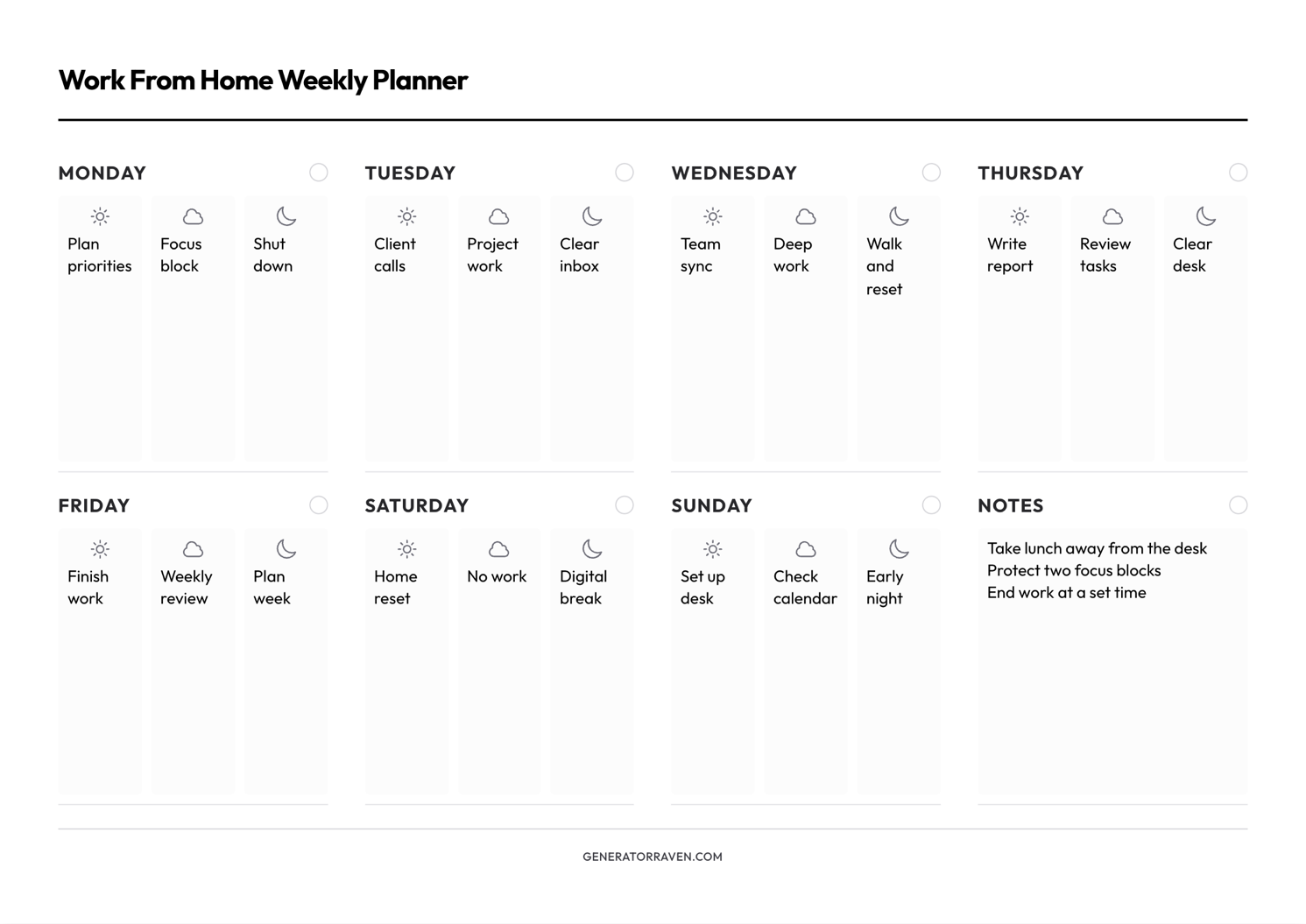 Work From Home Weekly Planner printable with a seven-day plan and notes area