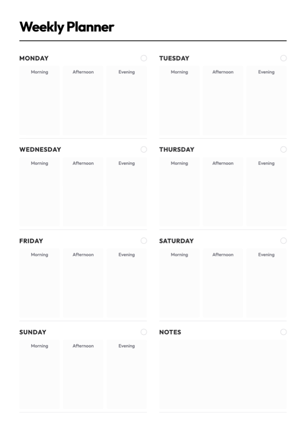 Weekly planner sample with morning, afternoon, and evening period labels