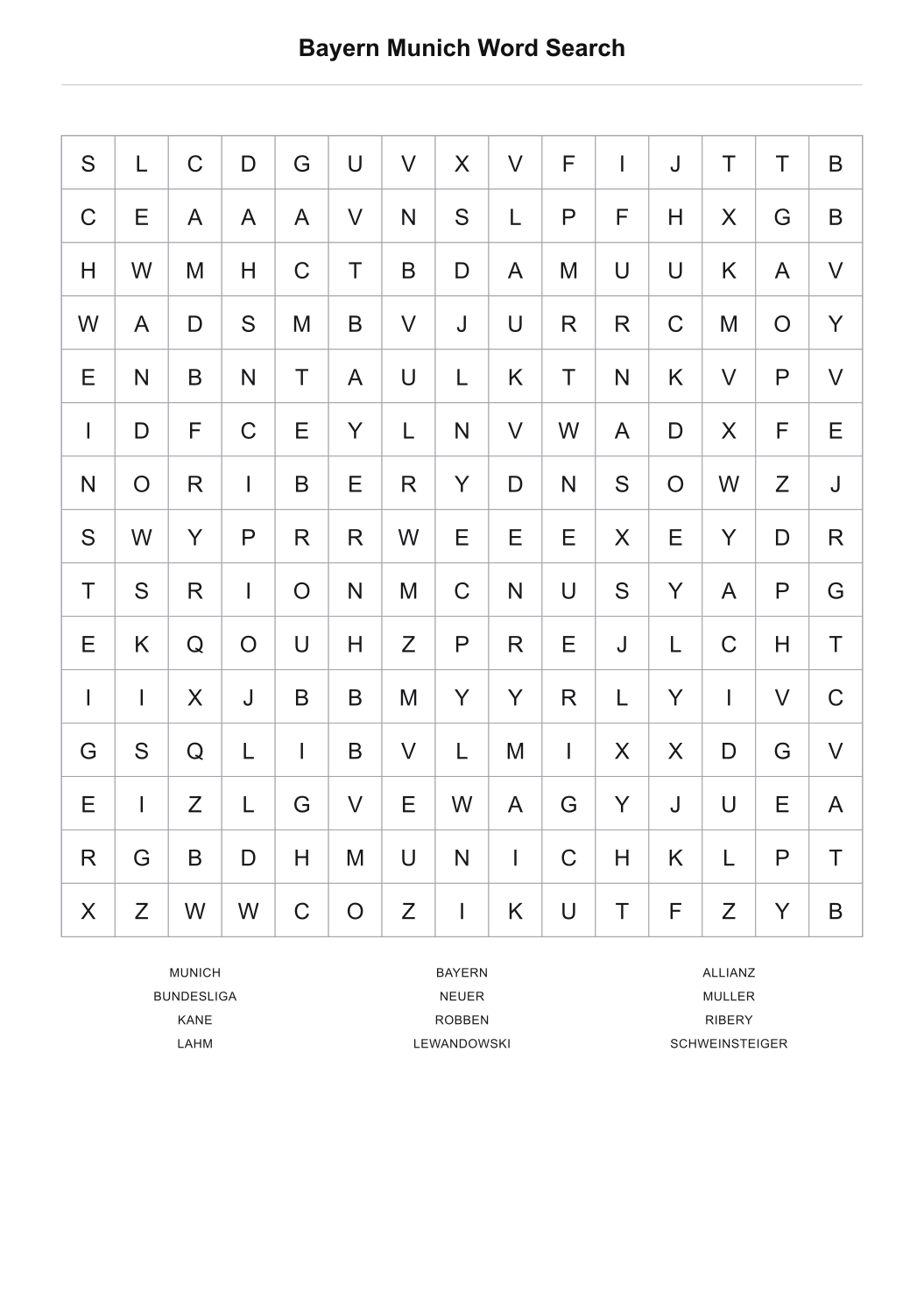 Bayern Munich Word Search printable word search puzzle with 12 themed words