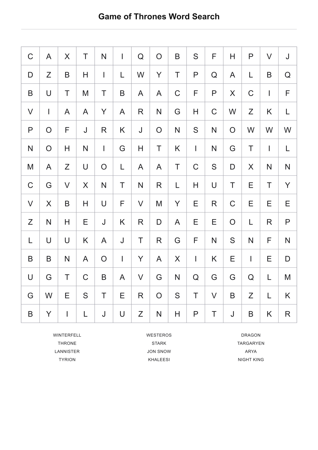 Game of Thrones Word Search printable word search puzzle with 12 themed words
