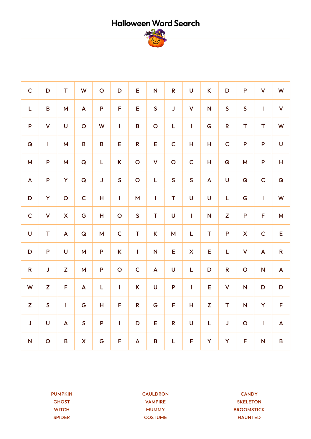 Halloween Word Search printable word search puzzle with 12 themed words