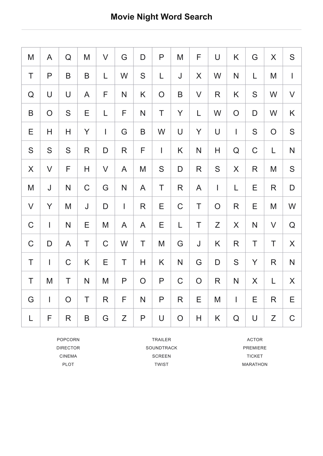 Movie Night Word Search printable word search puzzle with 12 themed words