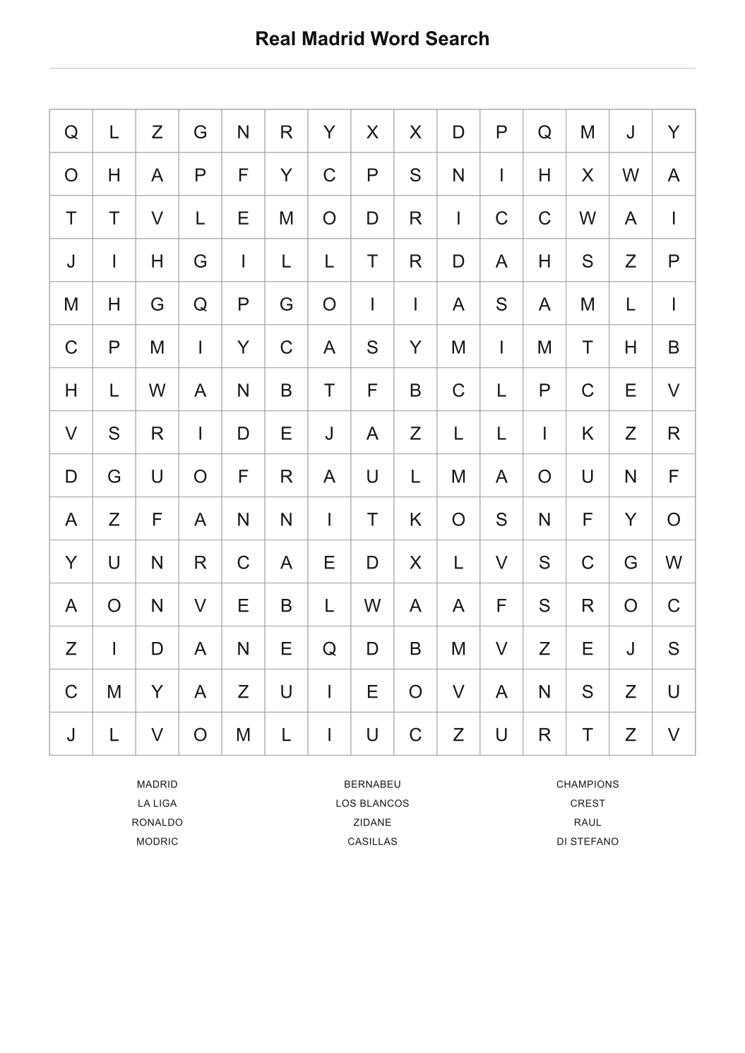 Real Madrid Word Search printable word search puzzle with 12 themed words