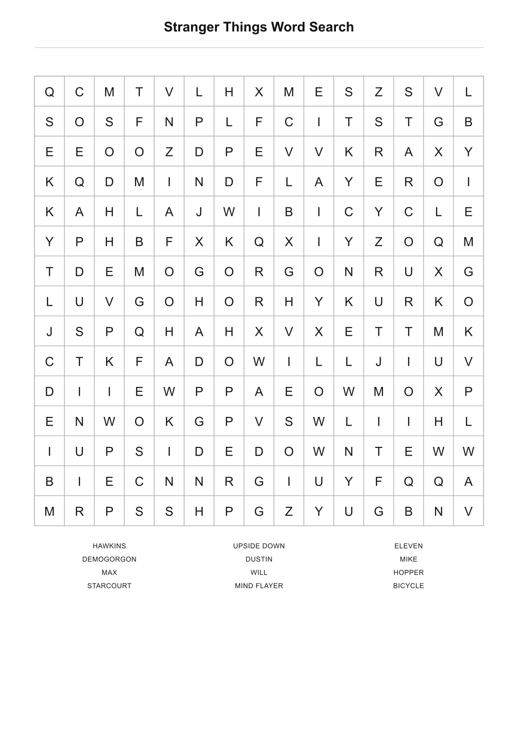 Stranger Things Word Search printable word search puzzle with 12 themed words